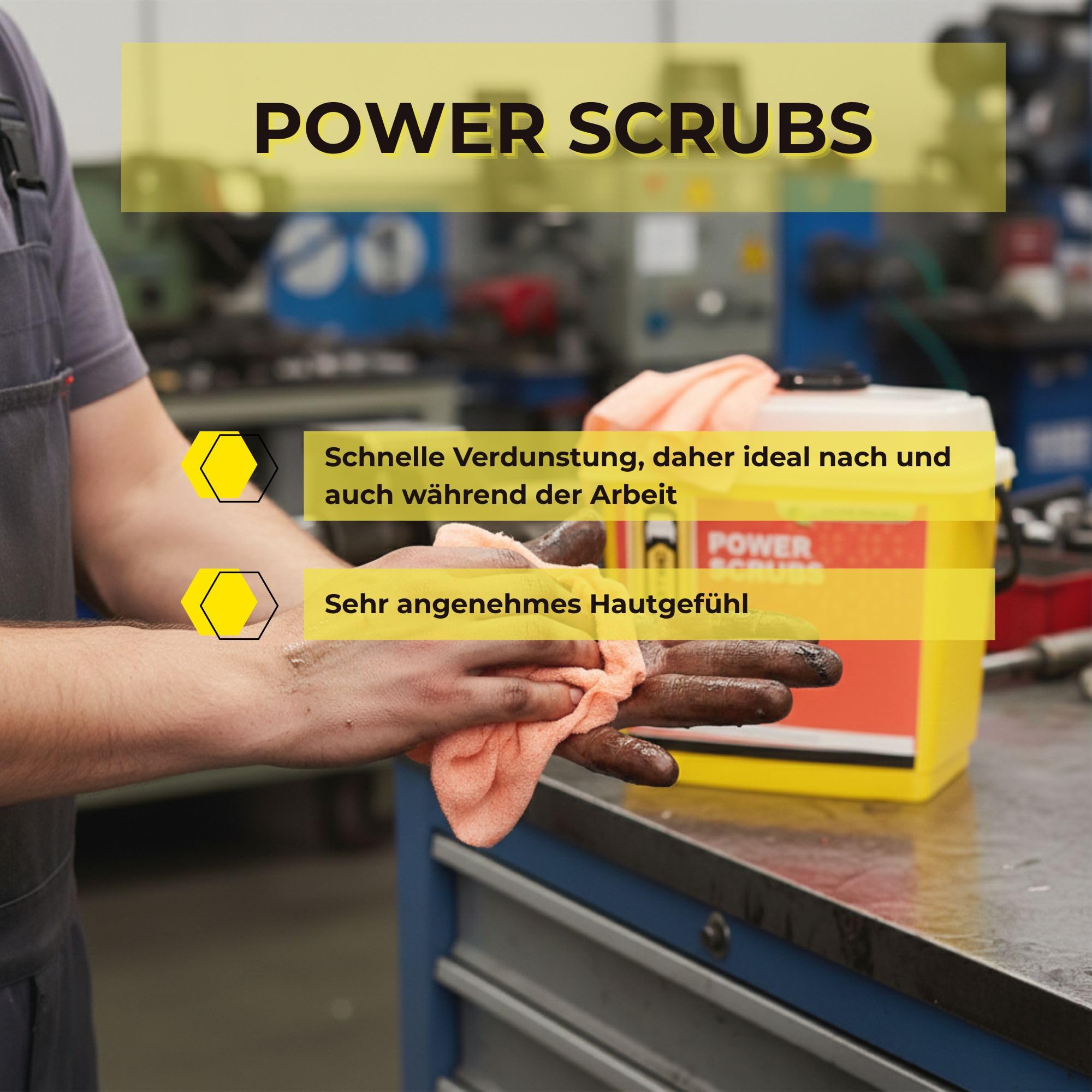 INNOTEC Power Scrubs Box mit 150 Stück – leistungsstarke Reinigungstücher für verschmutzte Hände & Oberflächen – entfernen Fett, Farbe, Kleber, Ruß – ideal für Werkstatt, Industrie & Handwerk