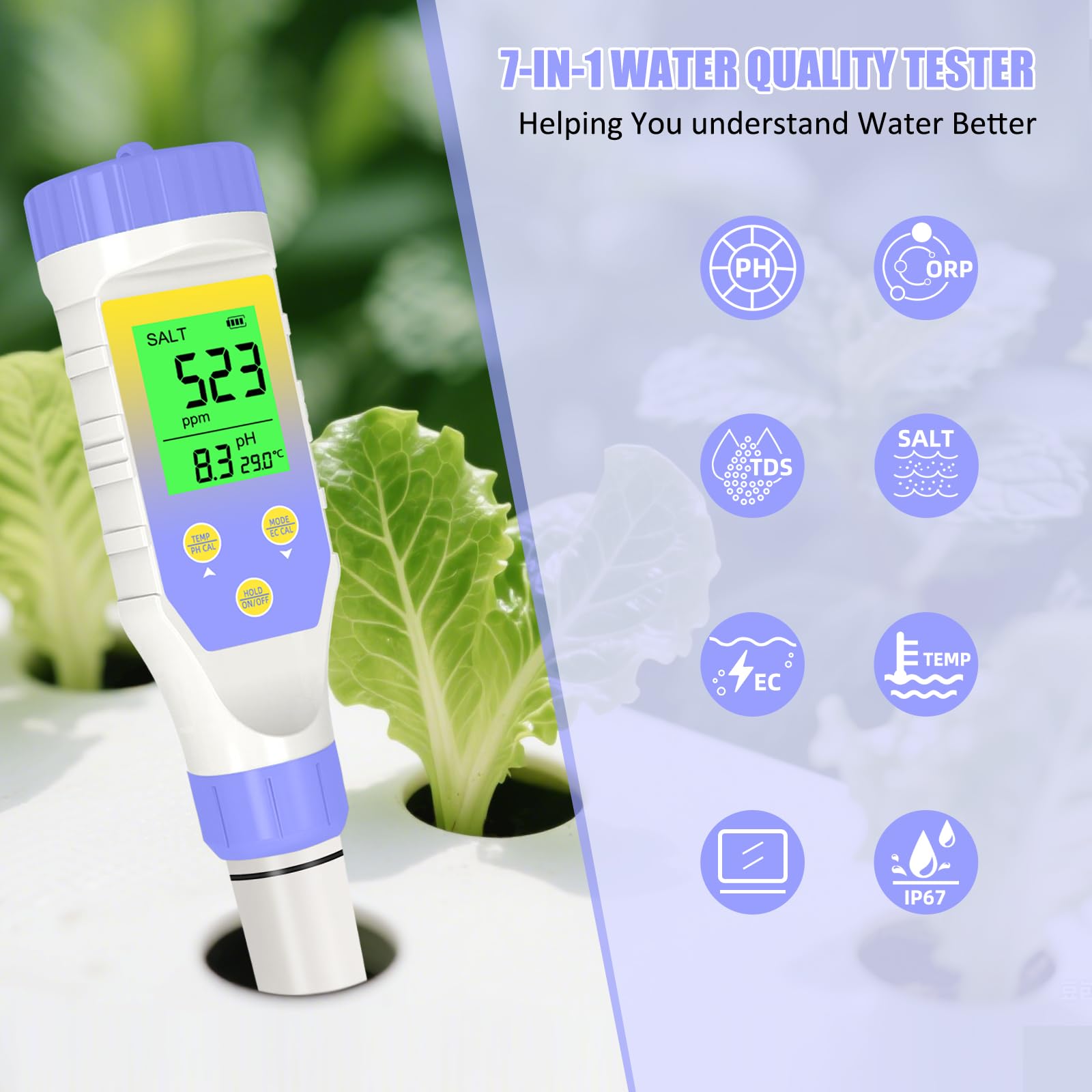 Medidor de pH y TDS, probador digital de pH para agua, 5 en 1 pH/TDS/EC/salinidad/temperatura, probador de agua para beber en el hogar, piscina y acuario, con resolución 0.01