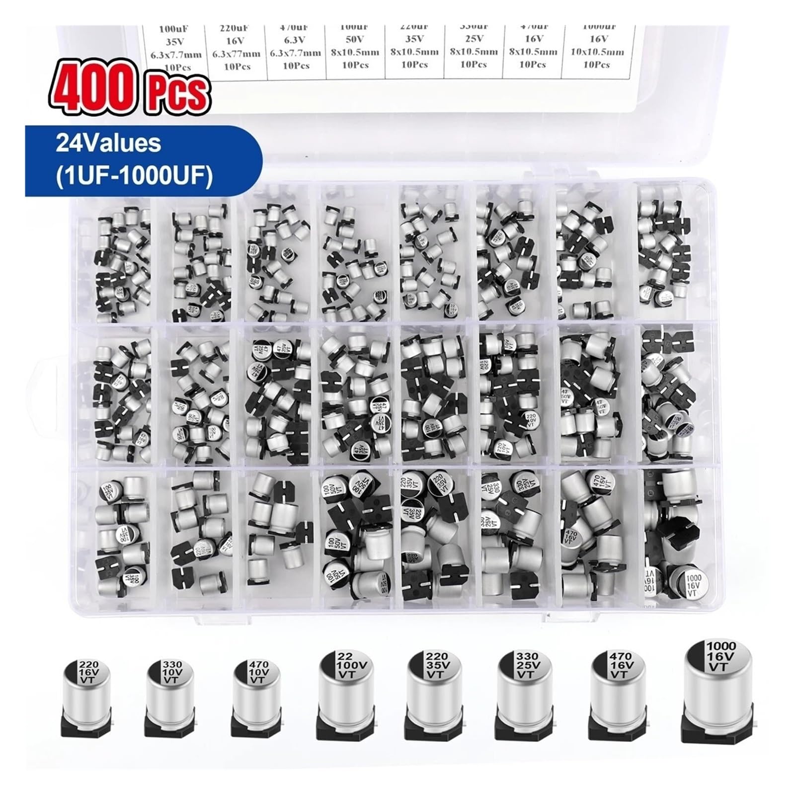 400 Uds 1uF ~ 1000uF Kit De condensadores electrolíticos De aluminio electrolitos 6,3 V-50V 24 valores con caja De reparación(145pcs-kit)