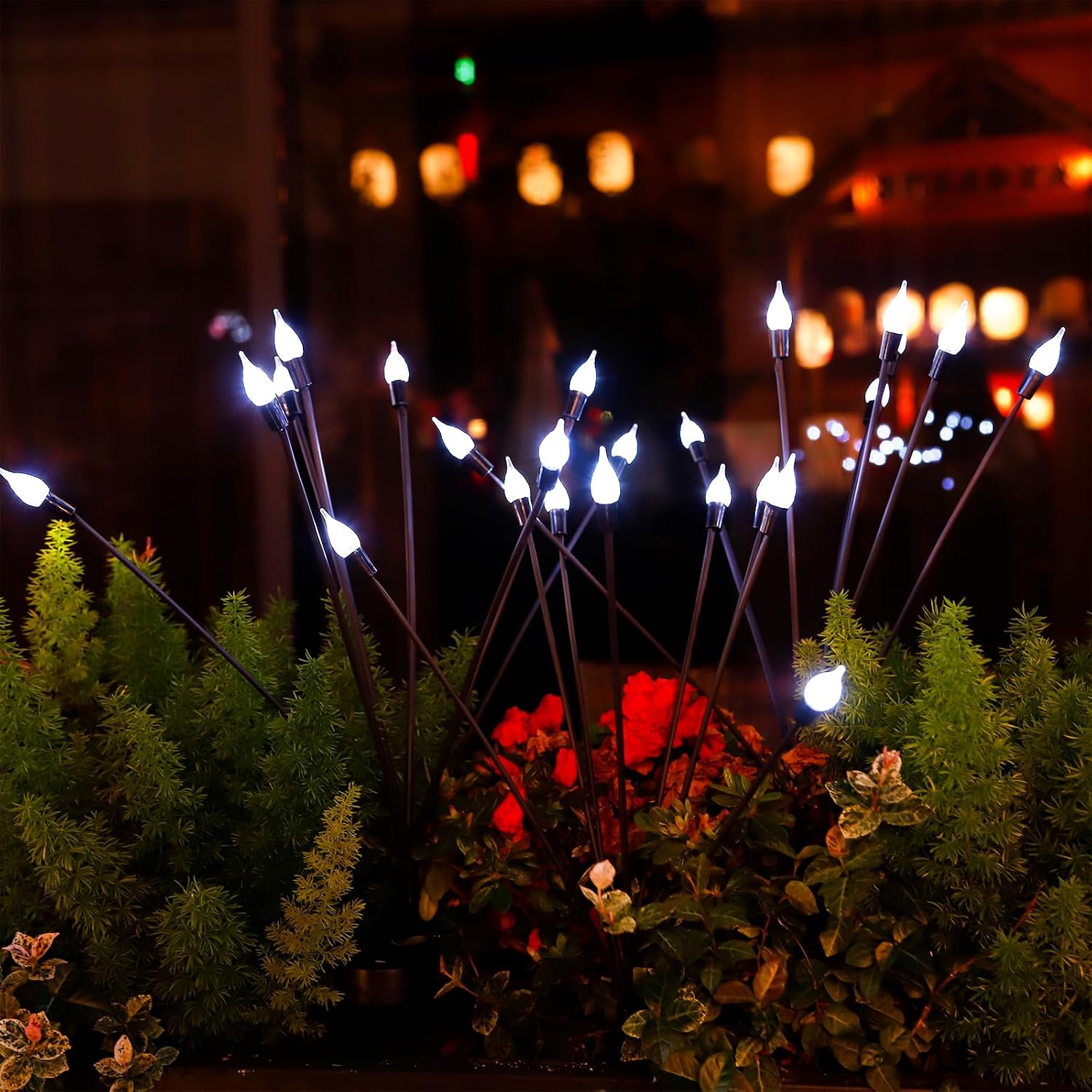 2 Pack Each 8 LEDs Solar Garden Lights Waterproof Outdoor Landscape Path Firefly Lights Single Spike Bulb Swaying Light Cold White