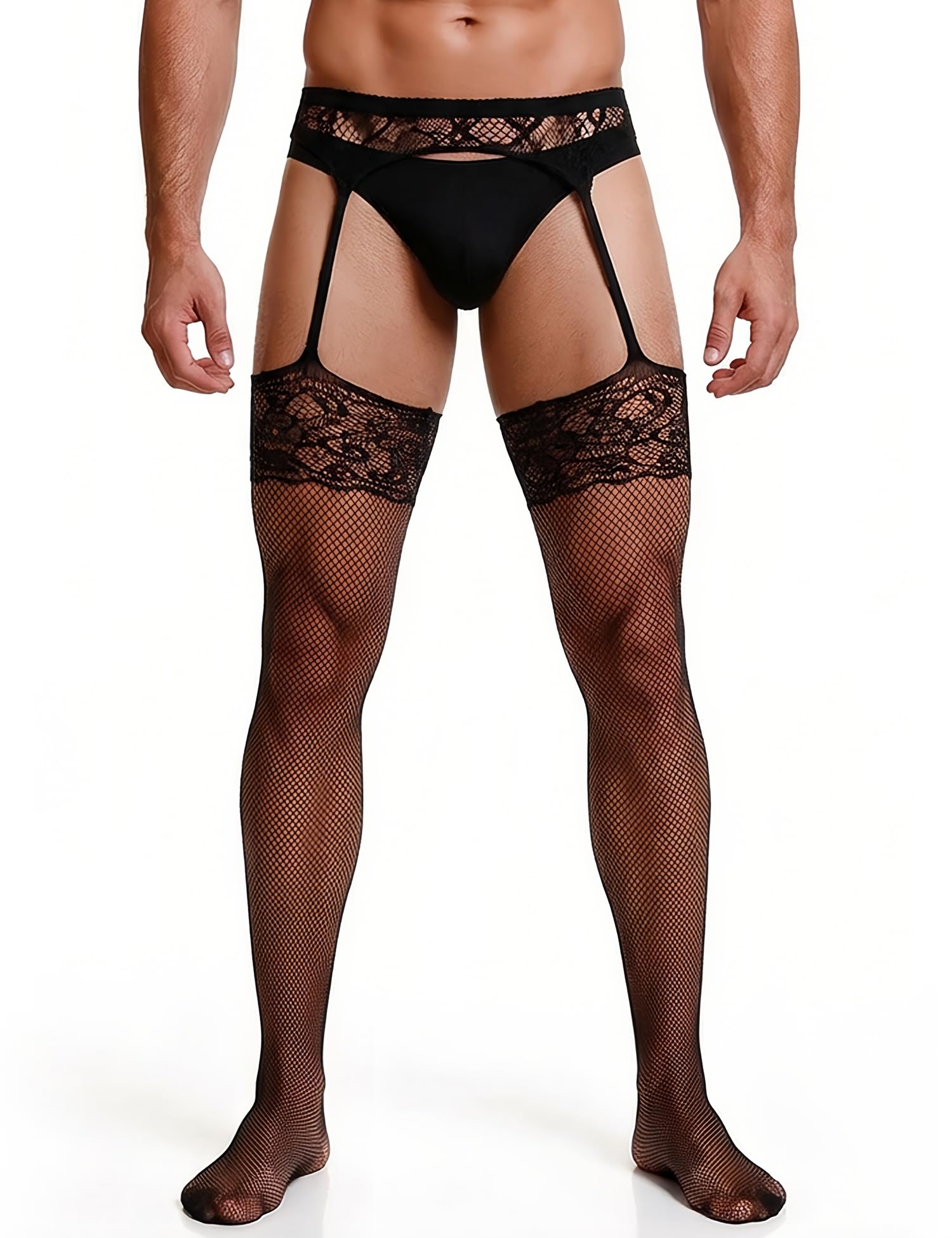 ohmydear Men's Fishnet Suspender Tights, Sexy Garter Leggings for Men, High Waist Patterned Sissy Lingerie, Plus Size XS-5XL for Stag Do, Drag Queen, Cosplay