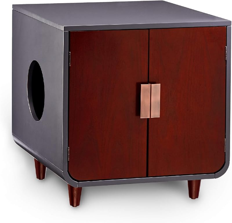 Teamson Pets Dyad Hidden Litter Box Enclosure & Mid-Century Side Table Combination with Side Entrance & Double Doors, Mocha Walnut