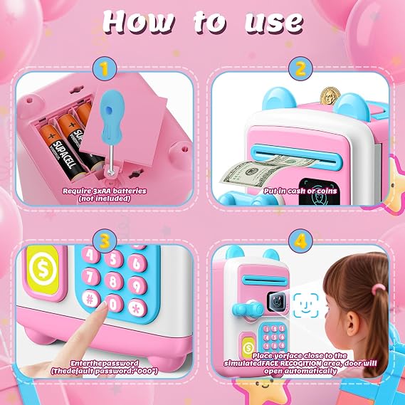 Upgraded Piggy Bank, Face ID Password Unlocking Electronic Kids Bank ATM Security Unlocking Cash Coin Bank Toys Gifts for Kids, Coin Bank for 3 4 5 6 7 8 9 10 11 12 Year Old Girls Boys
