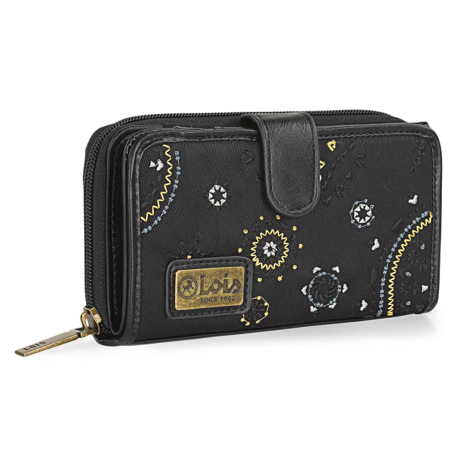 Lois - Cartera de Mujer Grande con Cierre Central de Cremallera, Monedero Tarjetero, Piel Eco, Cuero PU y Lona Bordada, Negro, 16 x 9 x 2 cm