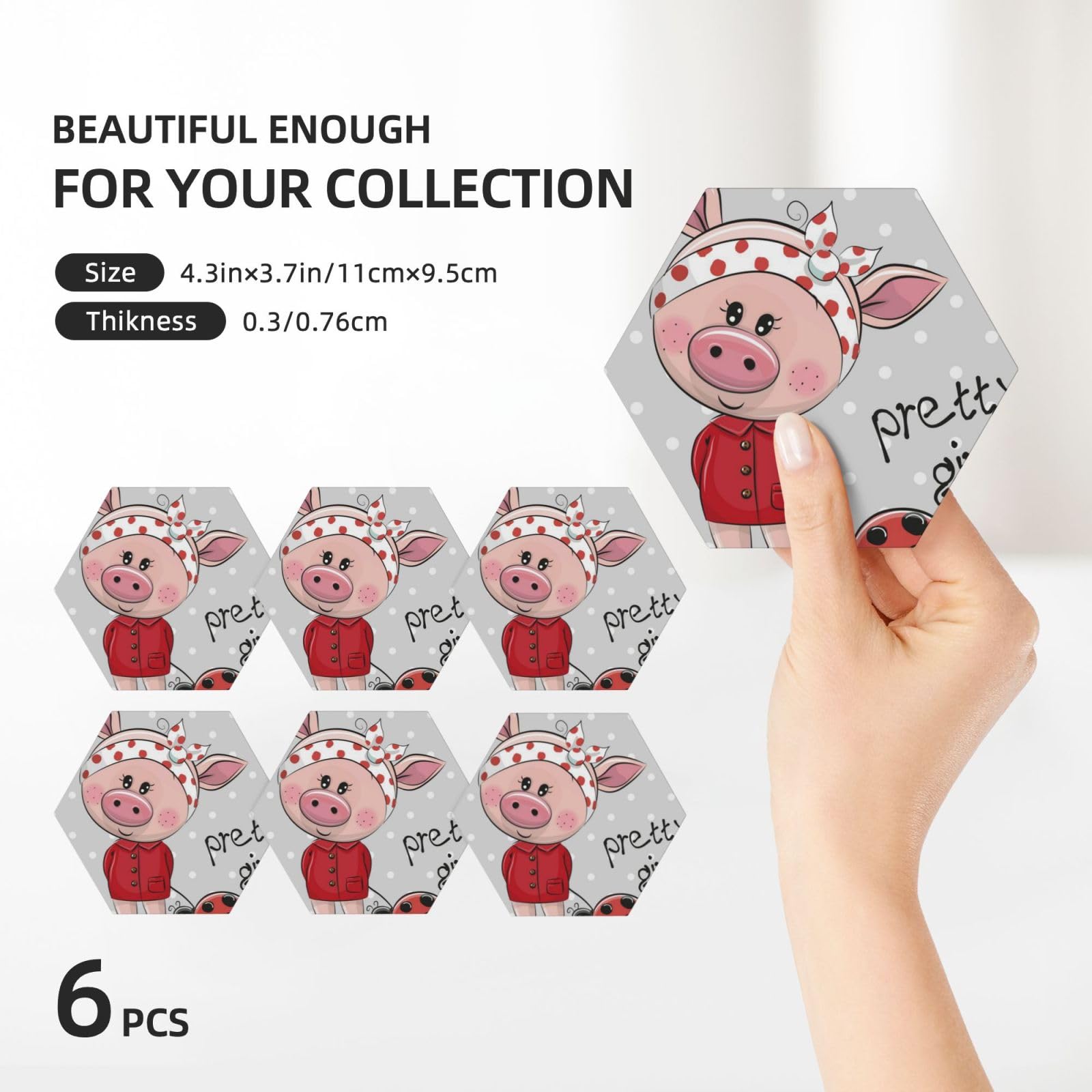 Keramikuntersetzer mit rosa Schweine-Druck, stilvolles Küchen- und Heimdekor-Zubehör, 6 Stück