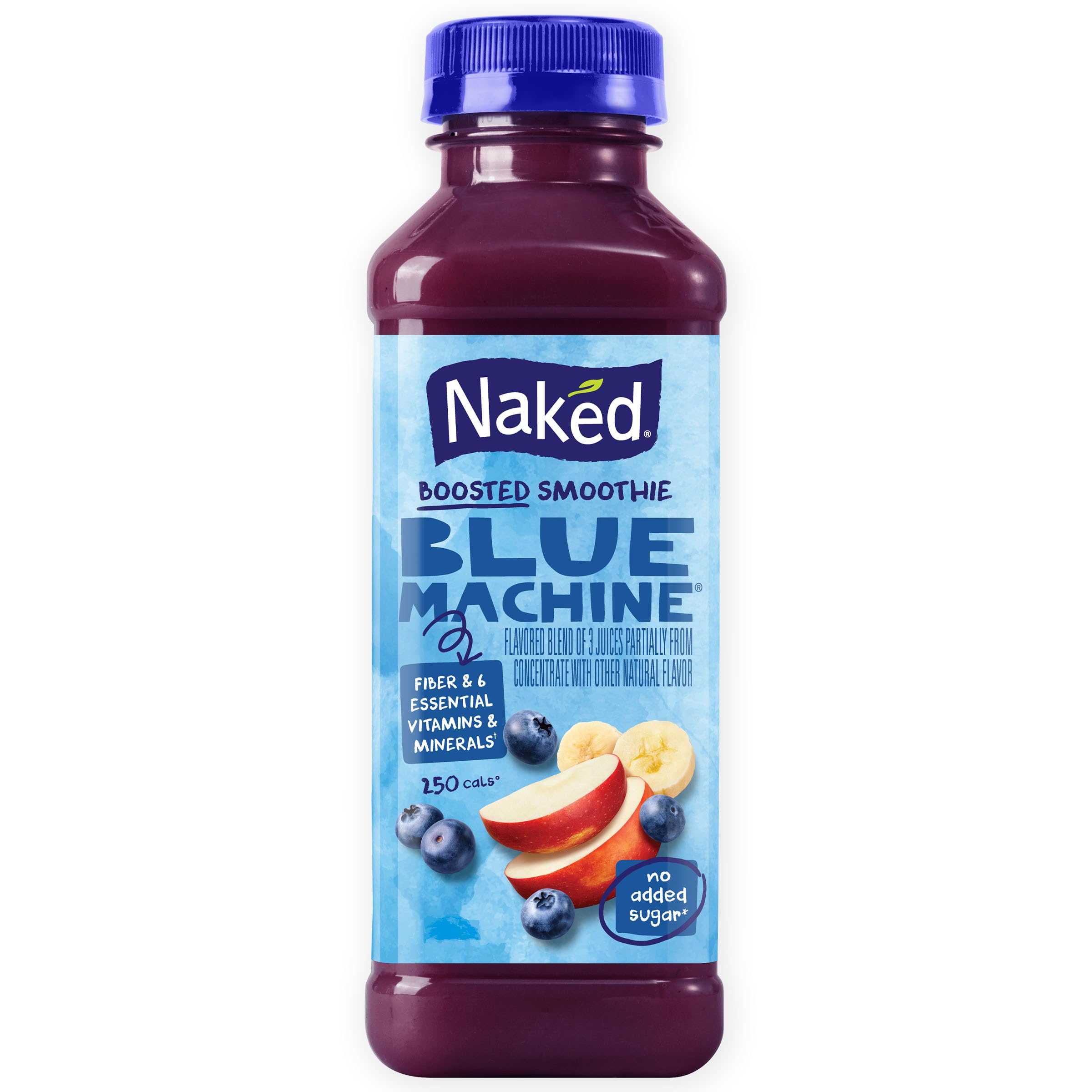 Naked Boosted Smoothie Blue Machine, 15.2 fl oz Bottle - Real Fruit Juice Smoothie with Fiber, Excellent Source of Vitamin C and Vitamin E for Immune Support