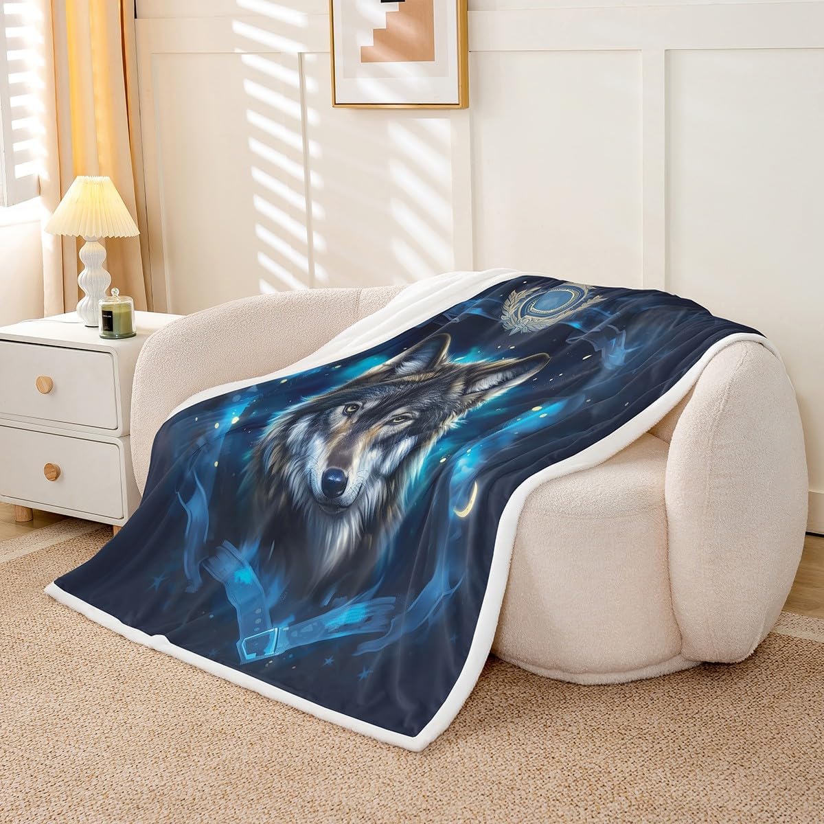 Feelyou Wolf Fleece Throw Blanket Queen 90"x90" Animal Wolves Plush Blanket for Bed Sofa Couch Mountain Moon Wolf Sherpa Blanket Blue Fuzzy Blanket Room Decor Flannal Blanket