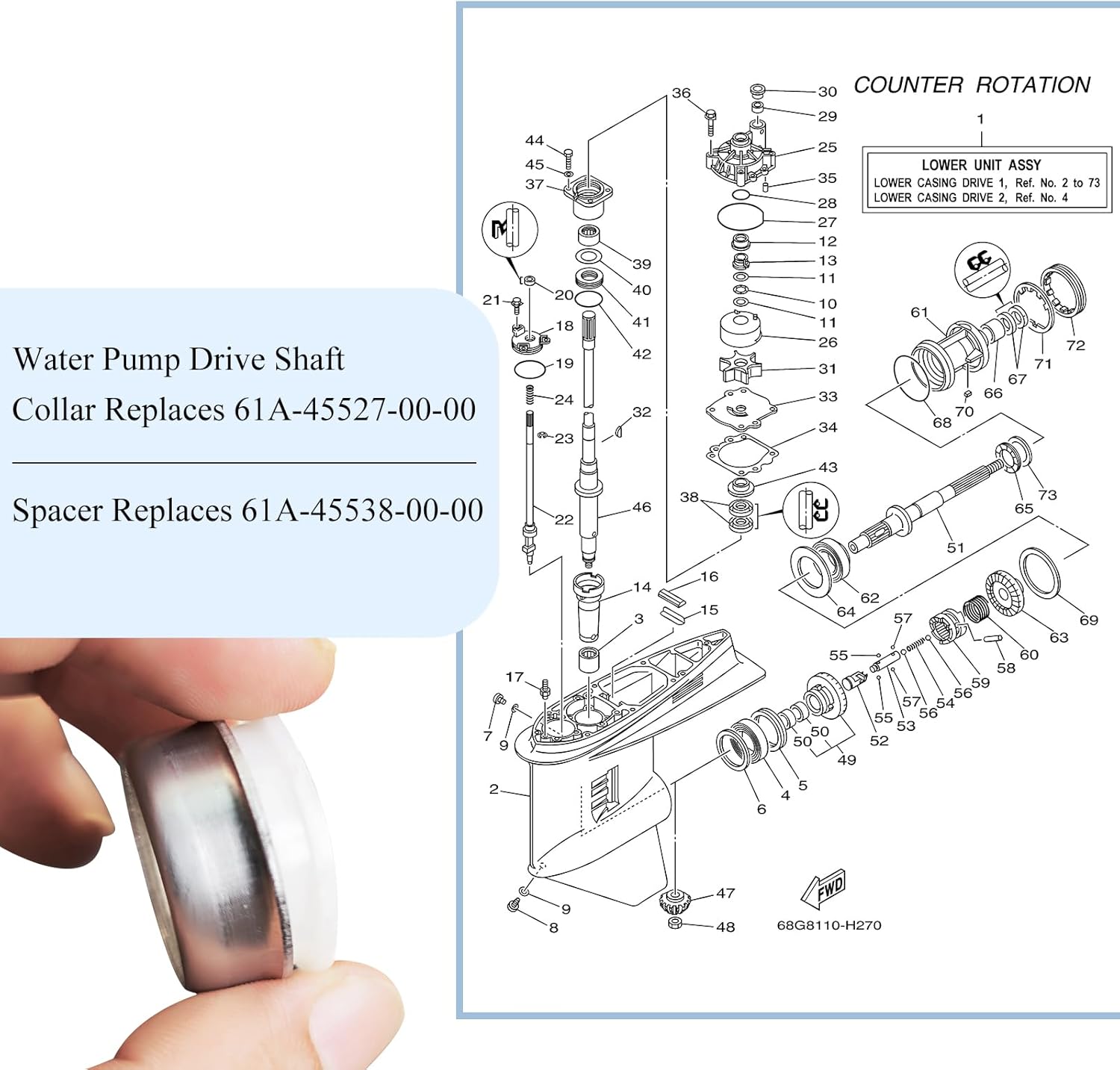 New Replacement Yamaha Outboard Water Pump Drive Shaft Collar Part #61A-45527-00-00, Spacer Part #61A-45538-00-00, Fit for Mercury 225 EFI (4-Stroke), Yamaha 2-Stroke 115hp-300hp, 4-Stroke 115hp-225hp - Image 3