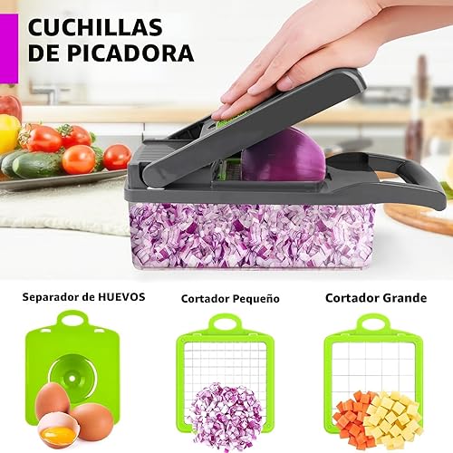 Miniatura 3 de Picadora de verduras, cebollas, profesional, de alimentos, multifuncional, 13 en 1, de cocina, con 8 cuchillas, de zanahorias y ajos, con recipiente