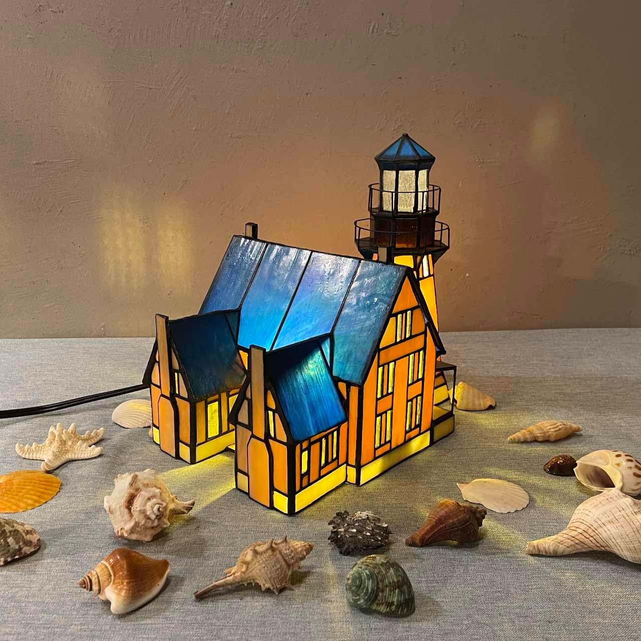 Bieye L10940 Southeast Lighthouse Tiffany Style Stained Glass Accent Table Lamp for Home Decor