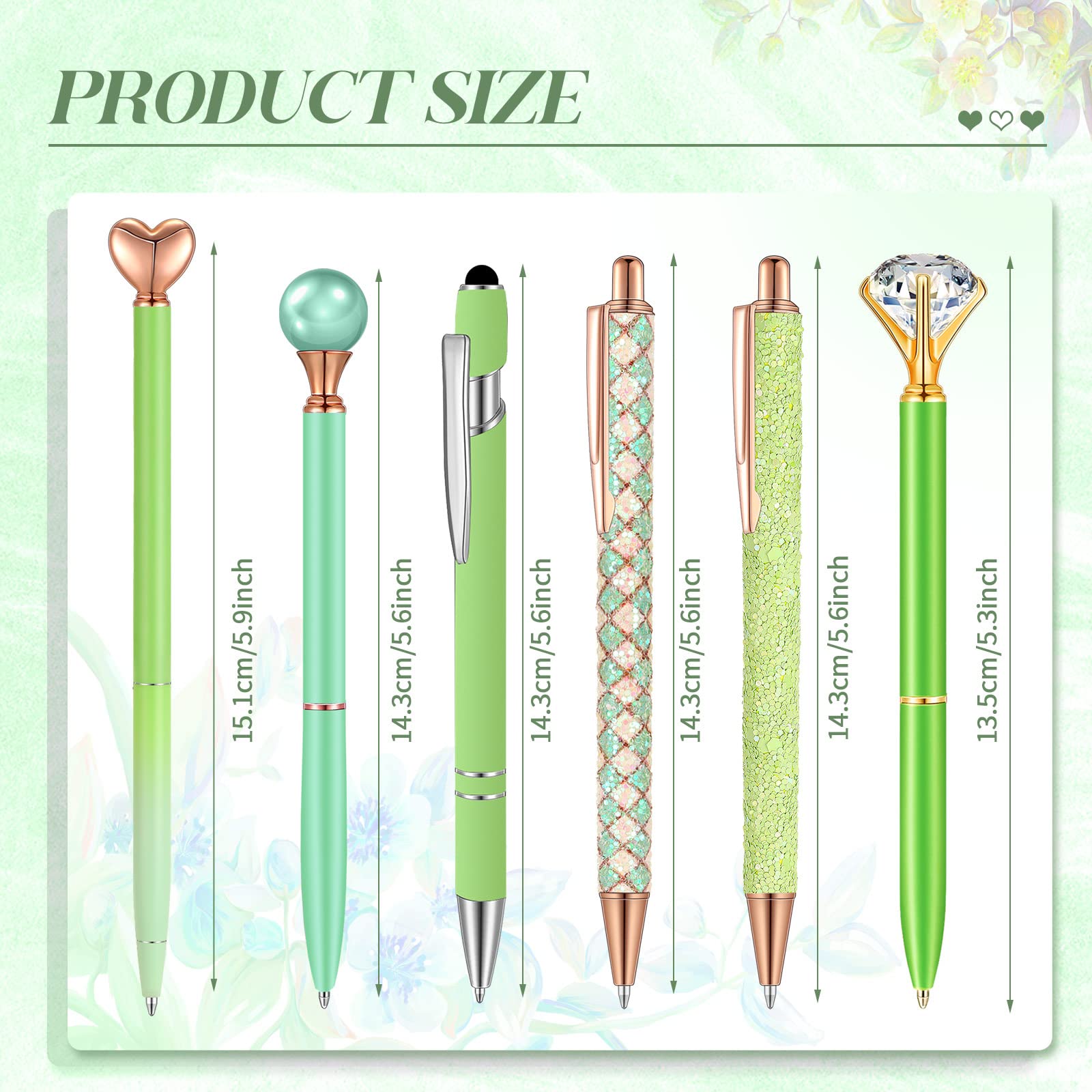 Qeeenar 6 Pcs Ballpoint Pens Set Metal Crystal Diamond Pen for Journaling Glitter Pretty Cute Stationery Black Ink Fancy Gifts for Women Girls Teacher Office Wedding School Supplies(Green Series)