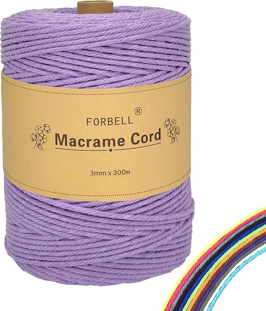 FORBELL Przędza do makramy, 3 mm x 300 m przędza bawełniana premium, rękodzieło DIY (jasnofioletowa)