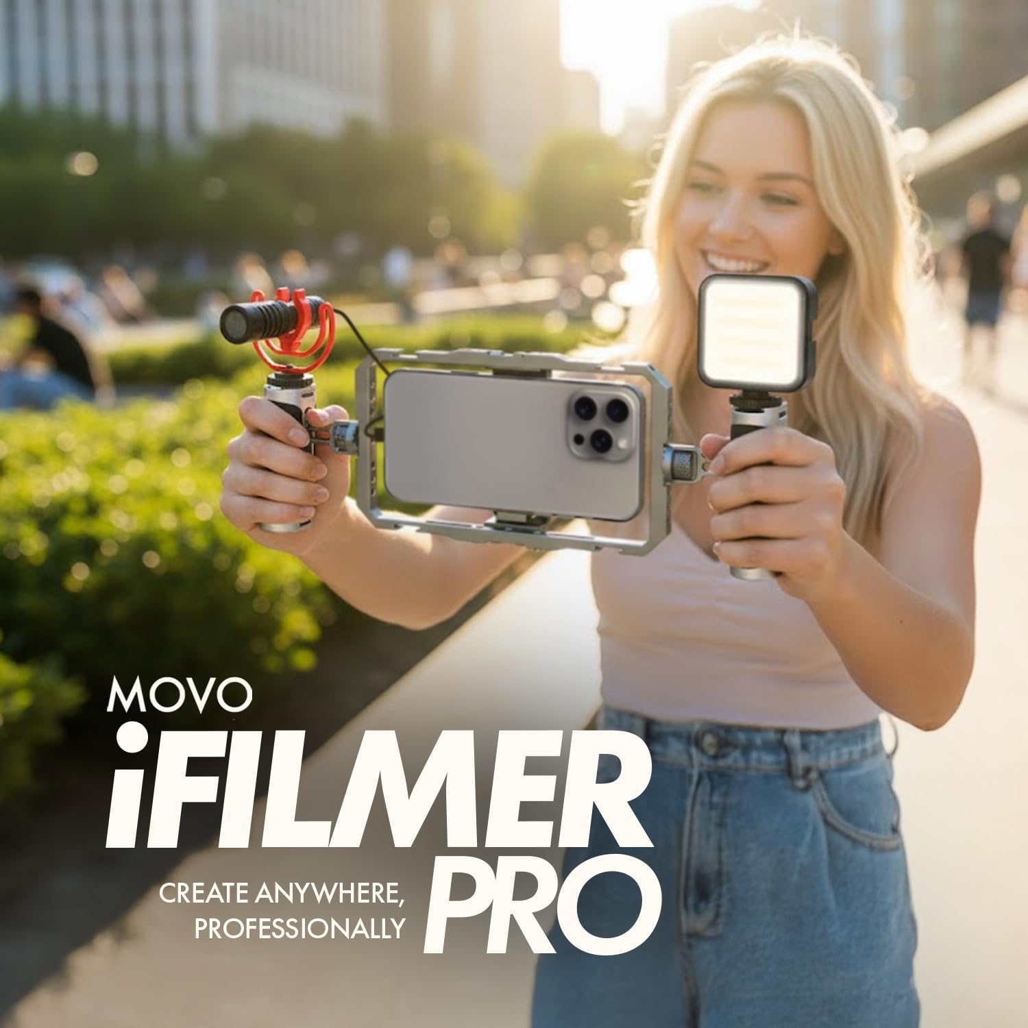 Movo iFilmer-PRO Smartphone Video Rig Kit – Stabilizer Cage with Dual Grips and VXR10 Shotgun Microphone for iPhone/Android