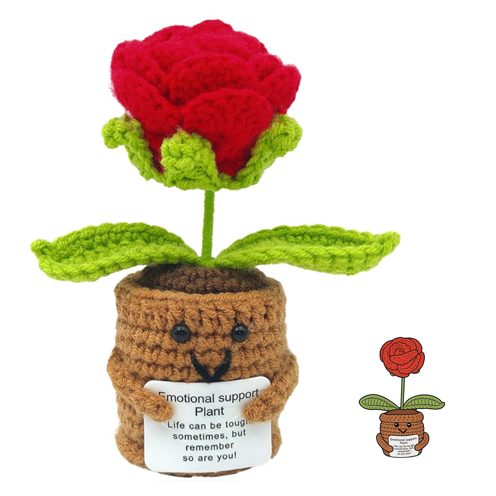 QhgPnt Emotional Support Crochet, Red Rose Positive Crochet Animals, Handmade Crochet Flowers for Gifts and Office Decoration, Red Rose Plant with Slim Pot for Daily Motivation