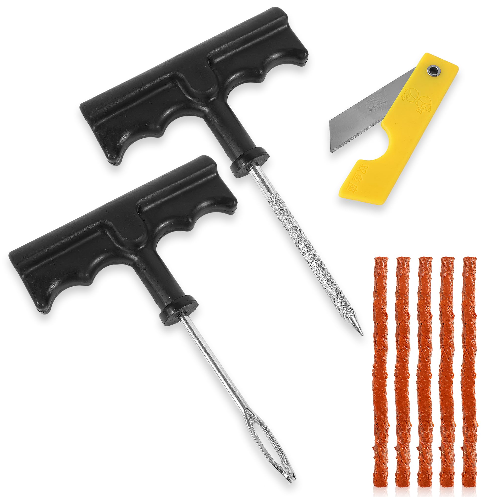 Kit De Réparation Crevaison Pneus Sans Chambre - 25 Mèches + Outils En T - Pour Voiture, Moto, VTT - Réparation Rapide D'urgence