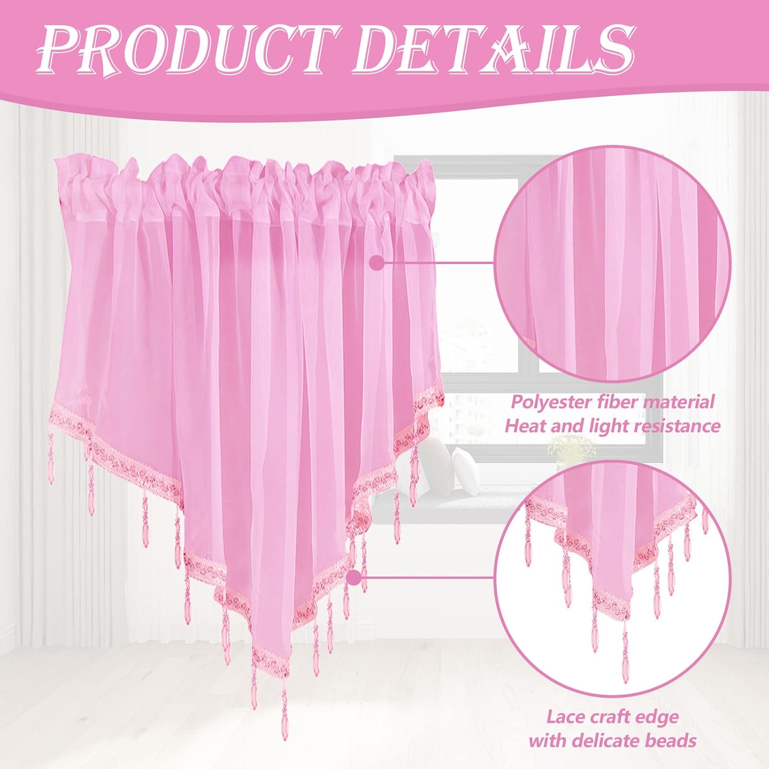 Yitexin Beaded Sheer Windows Valance 51.1 in W x 23.6 in L, Scalloped Kitchen Curtain, Bathroom Swag Sheer with Rod Pocket, Short Valance Drape for Bedroom Living Room (3Pcs Pink)