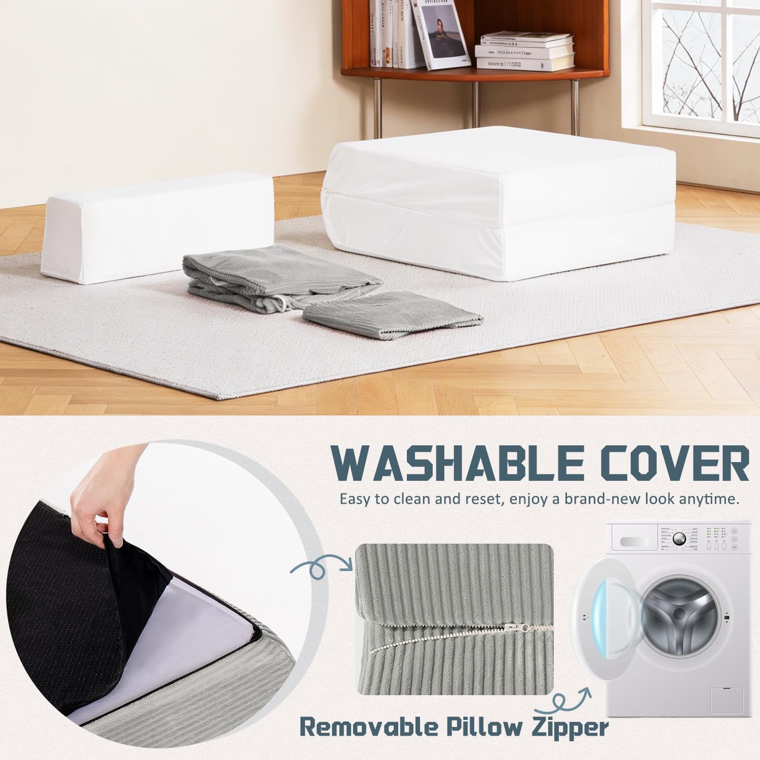 Trenda Folding Sofa Bed, 16lbs Convertible Sleeper Chair with Removable Back Pillow & Handle, Washable Cover Solid Foam Fold Out Chair Bed for Living Room, Apartment, Guest, Single, Light Grey