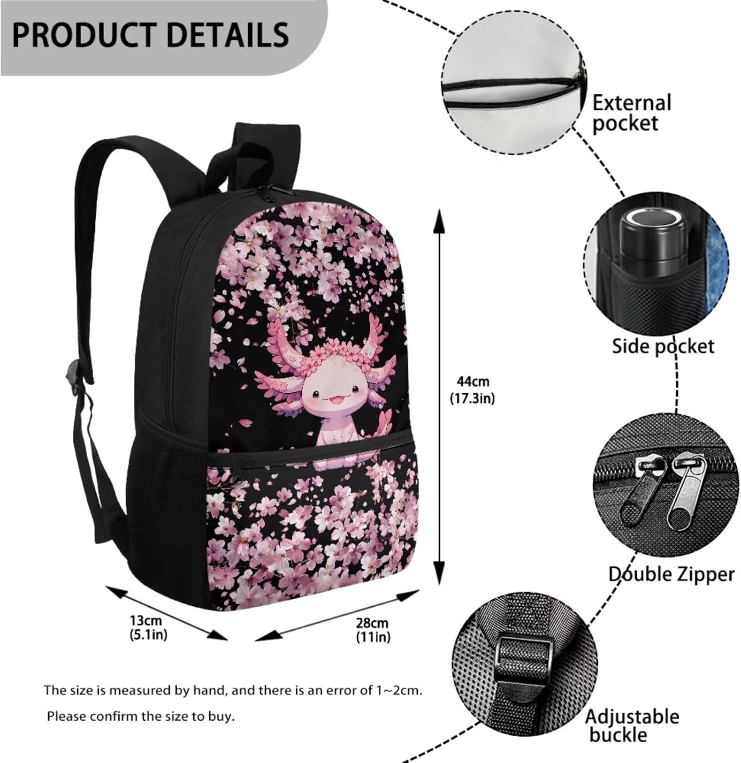 Cherry Blossom Axolotl 3 in 1 School Backpack Set 17 inches Book Organizer Backpack,Small Lunch Bag Messenger Tote with Bottle Mesh Pockets Zipper Closure Pencil Case Pouch 3 Pack Set