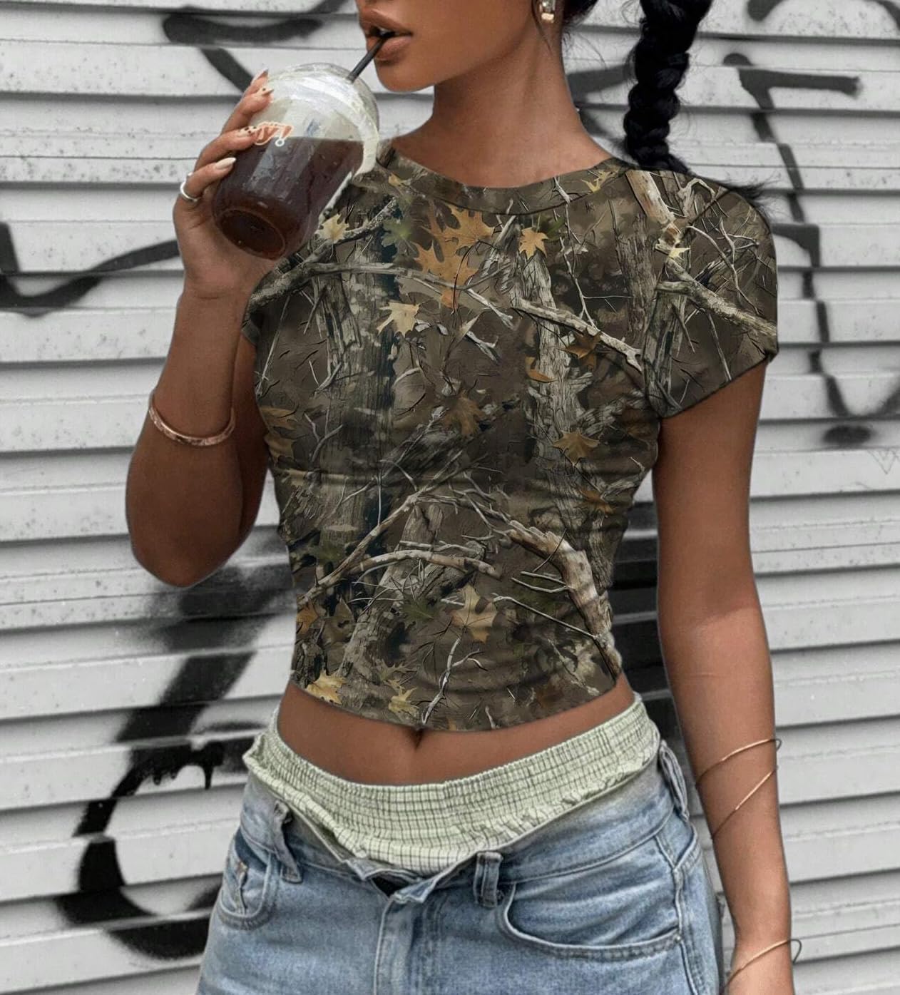 KIGRAG Women Y2k Camo Graphic Fitted Tees Crewneck Crop Tops Leaf Print Short Sleeve Tight T Shirts Grunge Going Out - Image 2