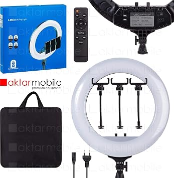 LED Ring Light 18 inç 45 cm Profesyonel Stüdyo Işığı, 480 LED, Taşıma Çantası, 3 Telefon Tutucu, Kumanda, Siyah