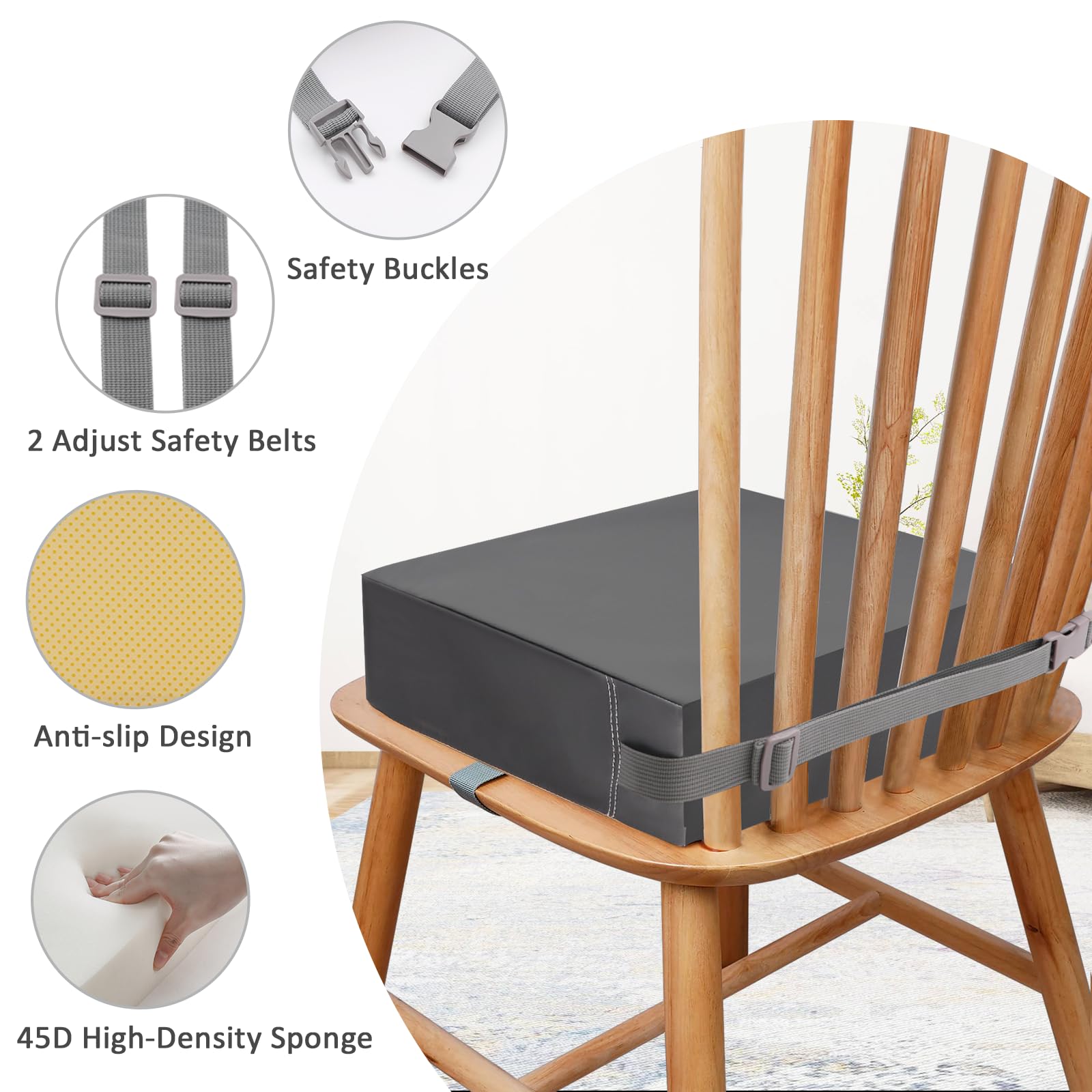 Rehausseur chaise enfant,lavable PU en Polyuréthane Double Ceinture de Sécurité Avec Fond Antidérapant Coussin de Voyage Portable (Gris foncé)