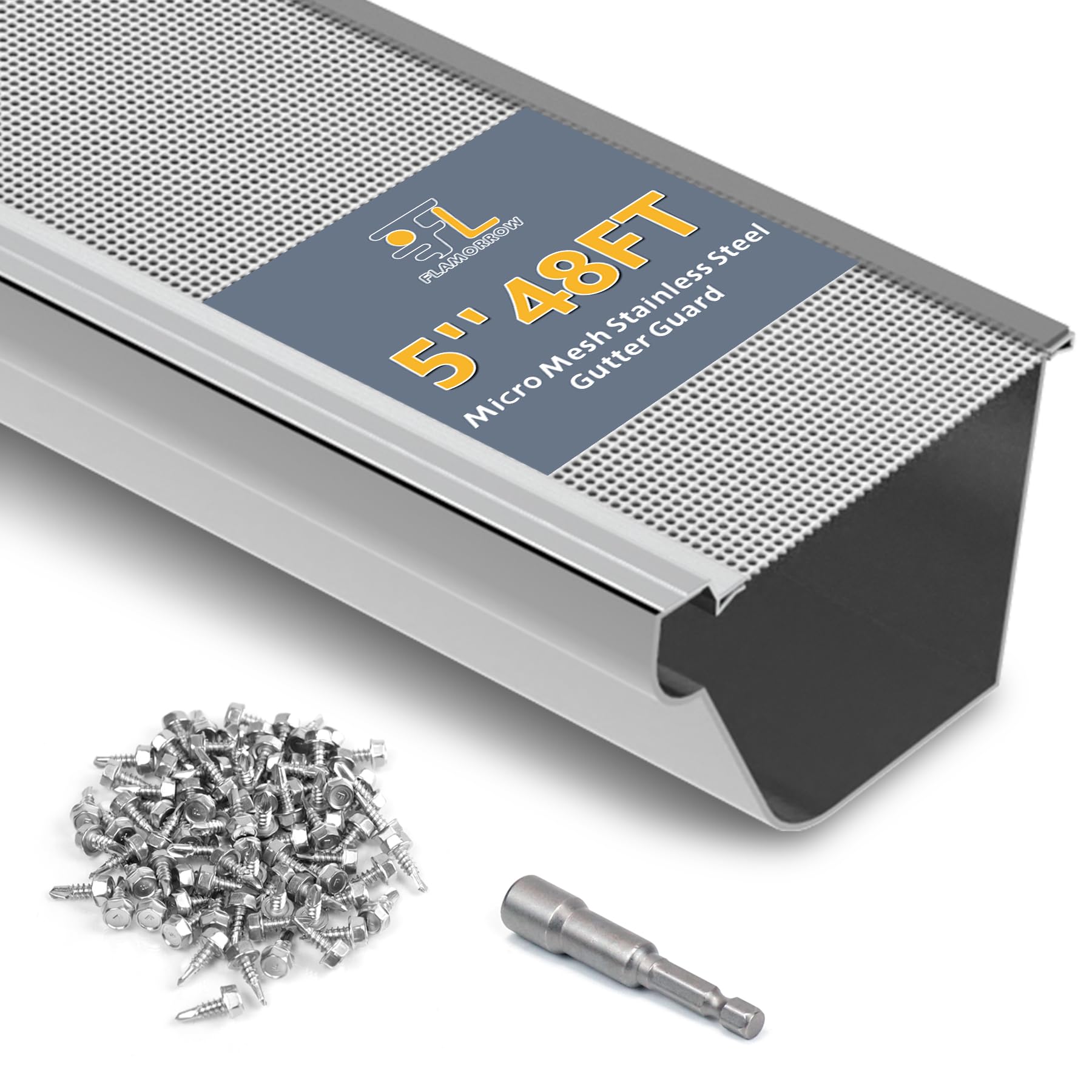 Flamorrow Stainless Steel Gutter Guard, 48Ft Gutter Cover, Micro-Mesh Leaf Gutter Guards Fits Any Roof or 5" Width Gutter, Pack of 15