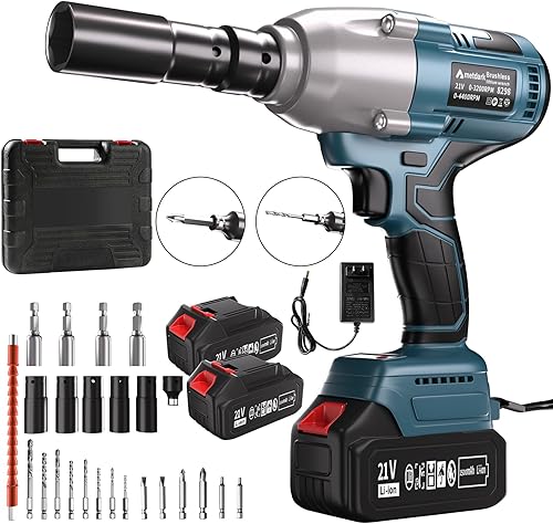 Llave de impacto inalámbrica - Llave de impacto de 850 Nm (627 ft-lb) de 1/2 pulgada, pistola de impacto de alto par de 21 voltios con batería de 2