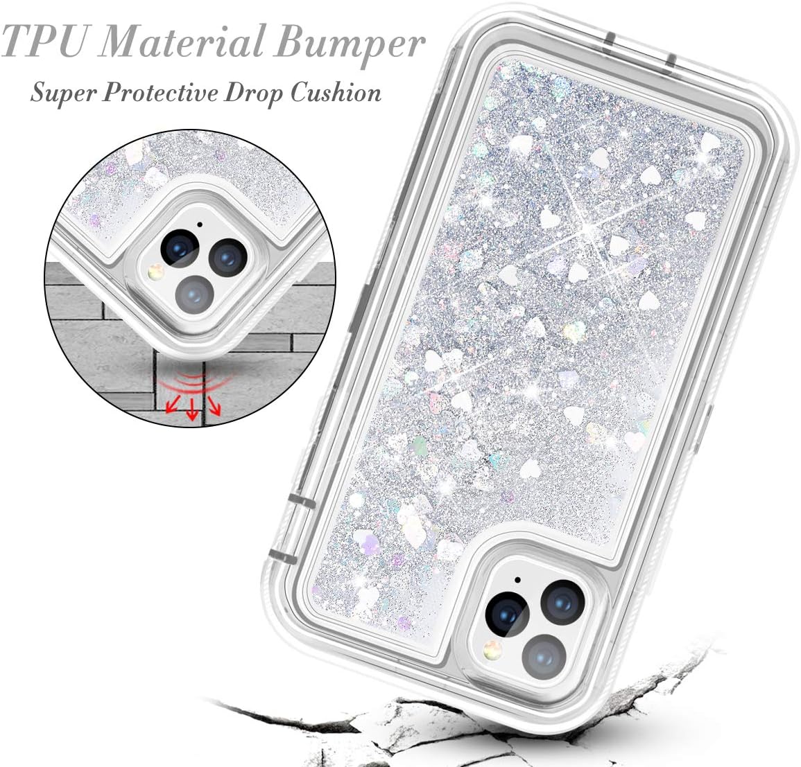 Caka Glitter Case for iPhone 11 Pro Max Glitter Case Protective Shockproof Liquid Bling Sparkle Heavy Duty Flowing Bumper Women Girl Case for iPhone 11 Pro Max (6.5 inc, 2019)(Love Silver)