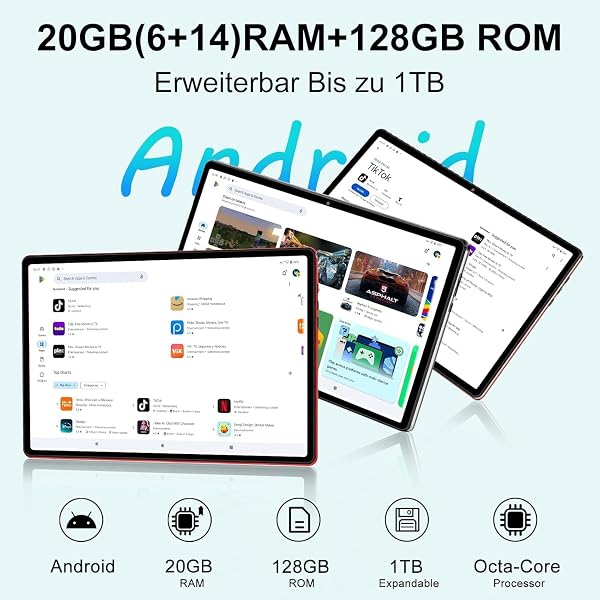 Tablette Android Tablette 10 Pouces 22Go RAM+128Go ROM (Extensible 1To), Octa-Core 2.0 Ghz, WiFi 6/5G/2.4G, Widevine L1, 8000 mAh, 1080P, 5MP + 8MP, Bluetooth 5.0, Tactile, Clavier+Souris et Cas-Noir - 3