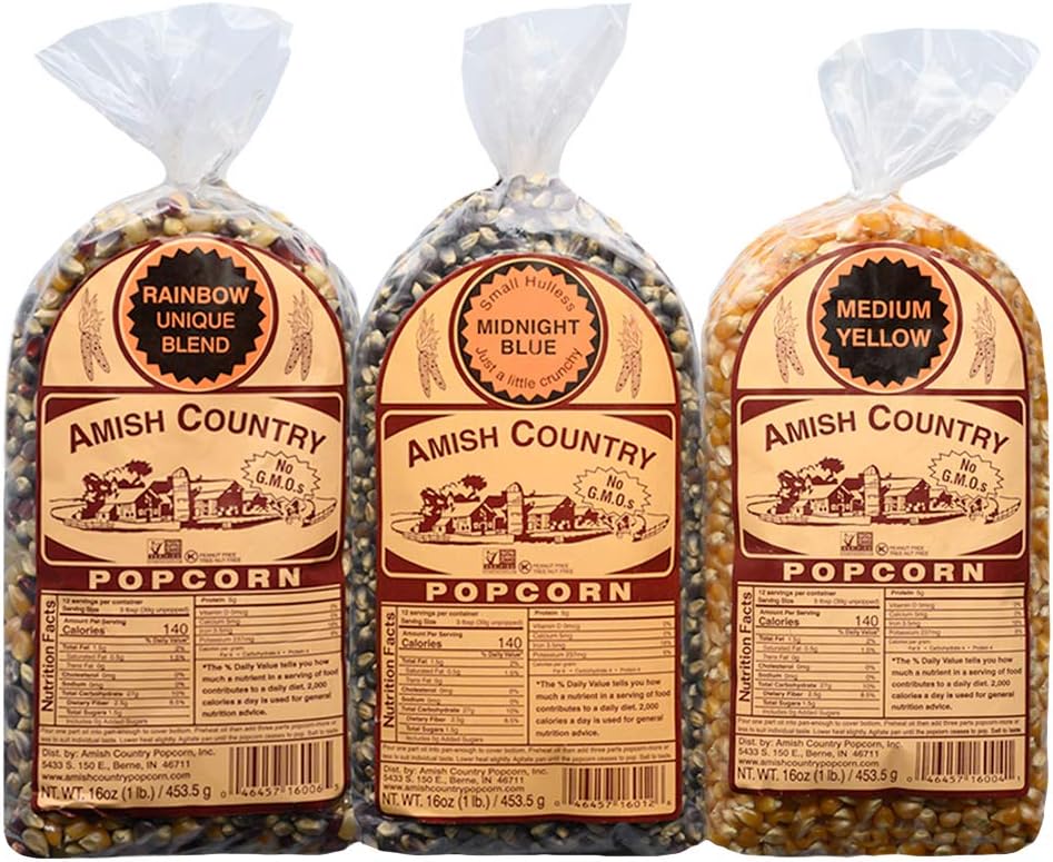Amish Country Popcorn 3 Bags 1 Pound Each, Midnight Blue, Rainbow, Medium Yellow, Total 3 Pounds