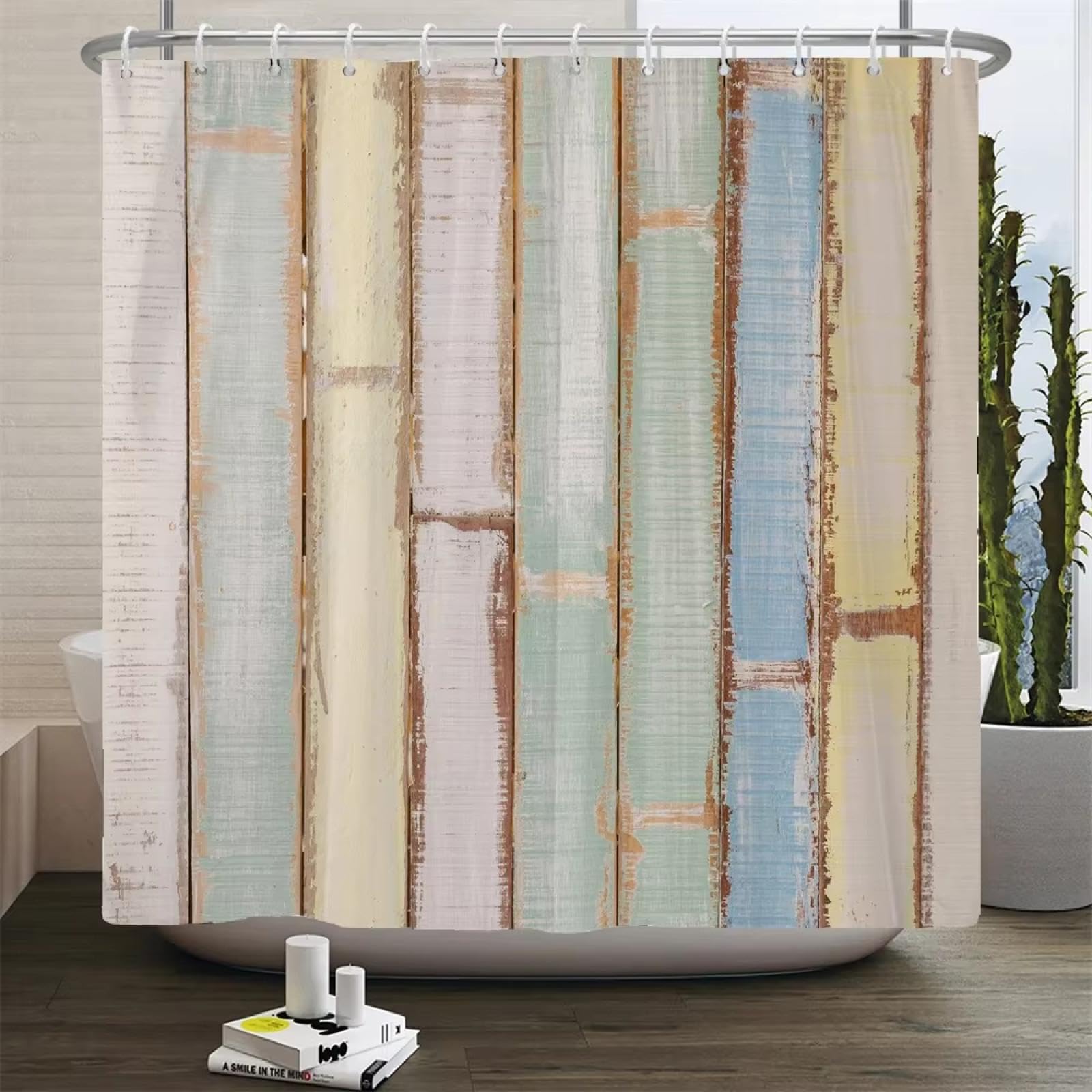 Rideau de douche rustique occultant et imperméable en tissu bois vintage avec crochets