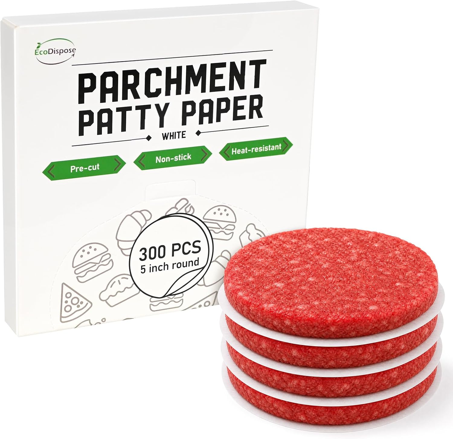 EcoDispose 300 Pcs 5" Round Non-Stick White Hamburger Patty Paper