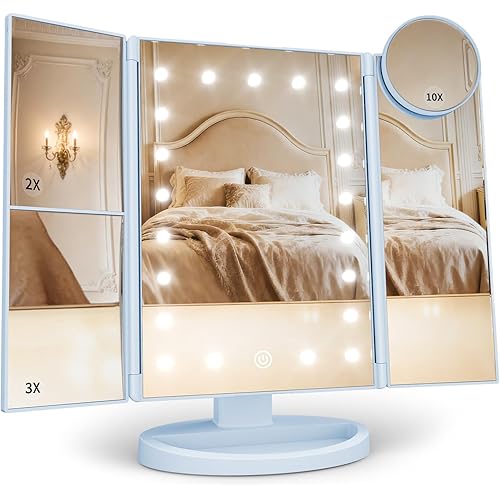 HUONUL Makeup Mirror, Vanity Mirror with Lights, 2X/3X/10X Magnification, Touch Control, Trifold, Dual Power Supply, Birthday Gifts for Women, Wife, Mom, Girls,Dorm Room Essentials