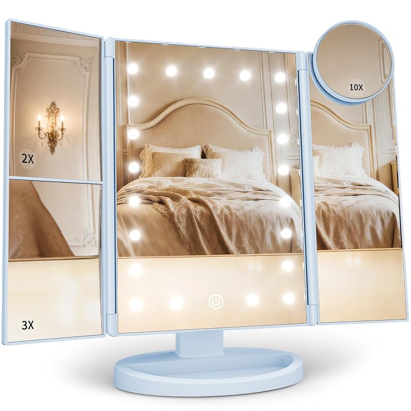 Espelho de maquiagem triplo HUONUL com luz e ampliação 2X/3X/10X