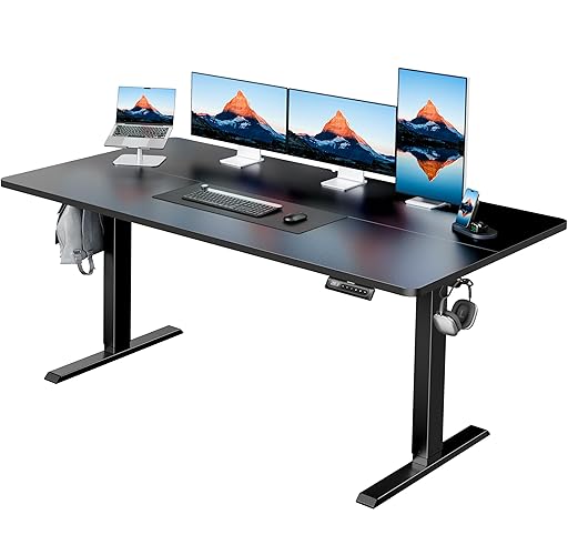 HUANUO 63" x 28" Electric Standing Desk Adjustable Height, 4 Memory Height Settings, Headphone Hook, Cable Manager, Sit Stand Up Desk for Home Office & Computer Workstation, Black - 63" x 28" - Black