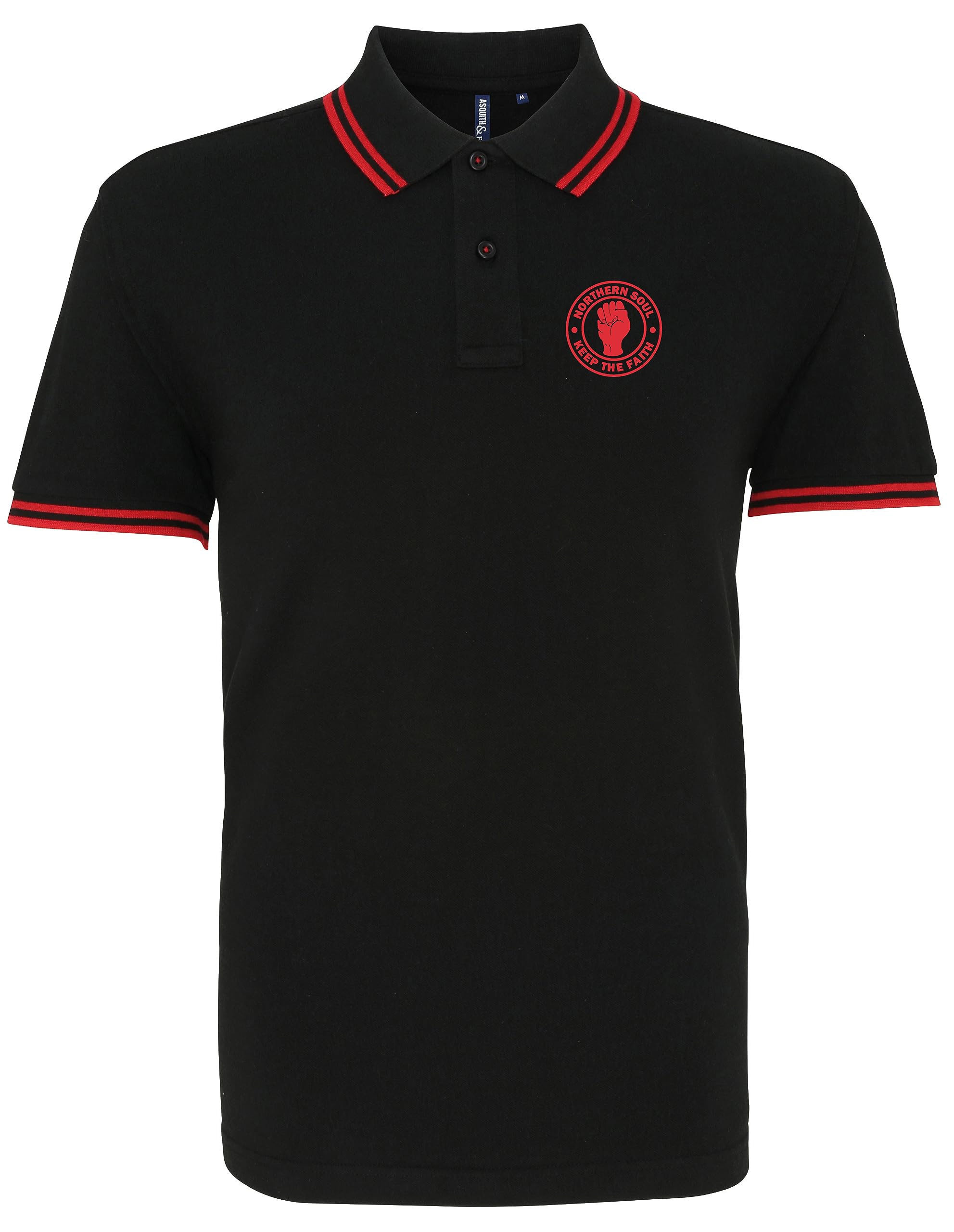 HiViz Kings Northern Soul Keep The Faith Embroidered Tipped Polo Shirt (XXL 47", Black & Red)