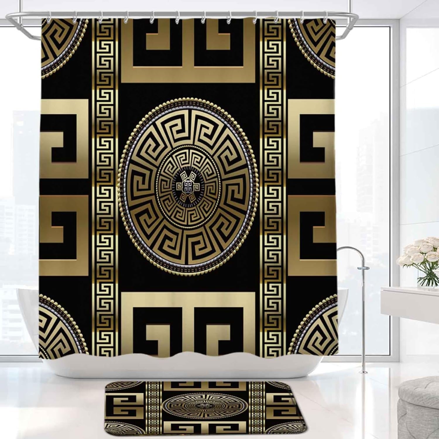 Shower Curtains for Bath Mats Geometric Black Gold Greek Key - Non Slip Bath Mat, for Bathroom Decor Curtains Cloth Fabric Bathroom Decor Set with Hooks-Shower Curtain+Mat