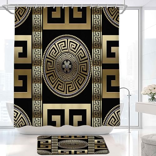 Miniatura 1 de Cortinas de ducha para tapetes de baño, diseño geométrico negro y dorado griego, tapete de baño antideslizante, para decoración de baño, cortinas de