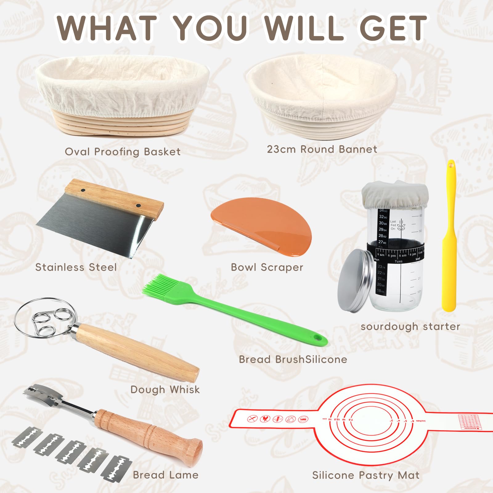 Kit de iniciación de masa madre. Cesta redonda y ovalada de prueba de masa madre, 100 % ratán natural, tarro de masa madre de 600 ml, lamo de pan, batidor de masa, raspadores y cepillo