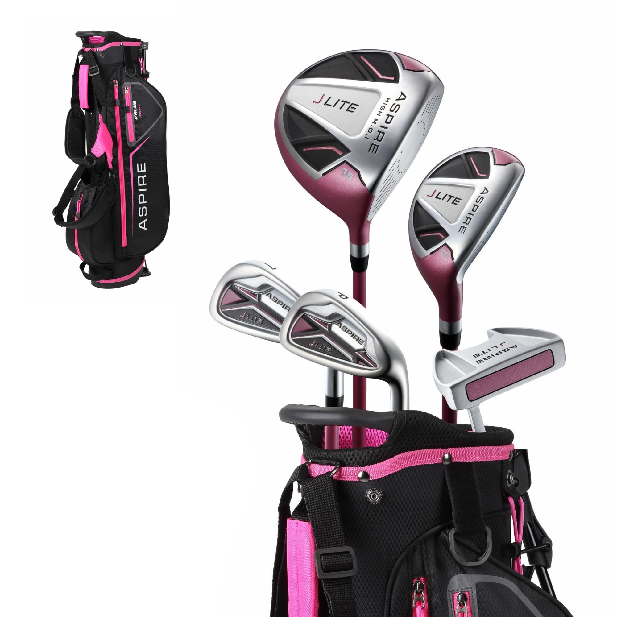 Aspire X-Lite Super Performance Junior Golf Club Set - Right-Handed Kids Golf Set with Driver, Hybrid, 7 Iron, Putter, Stand Bag & Headcovers - Pink Ages 6-8
