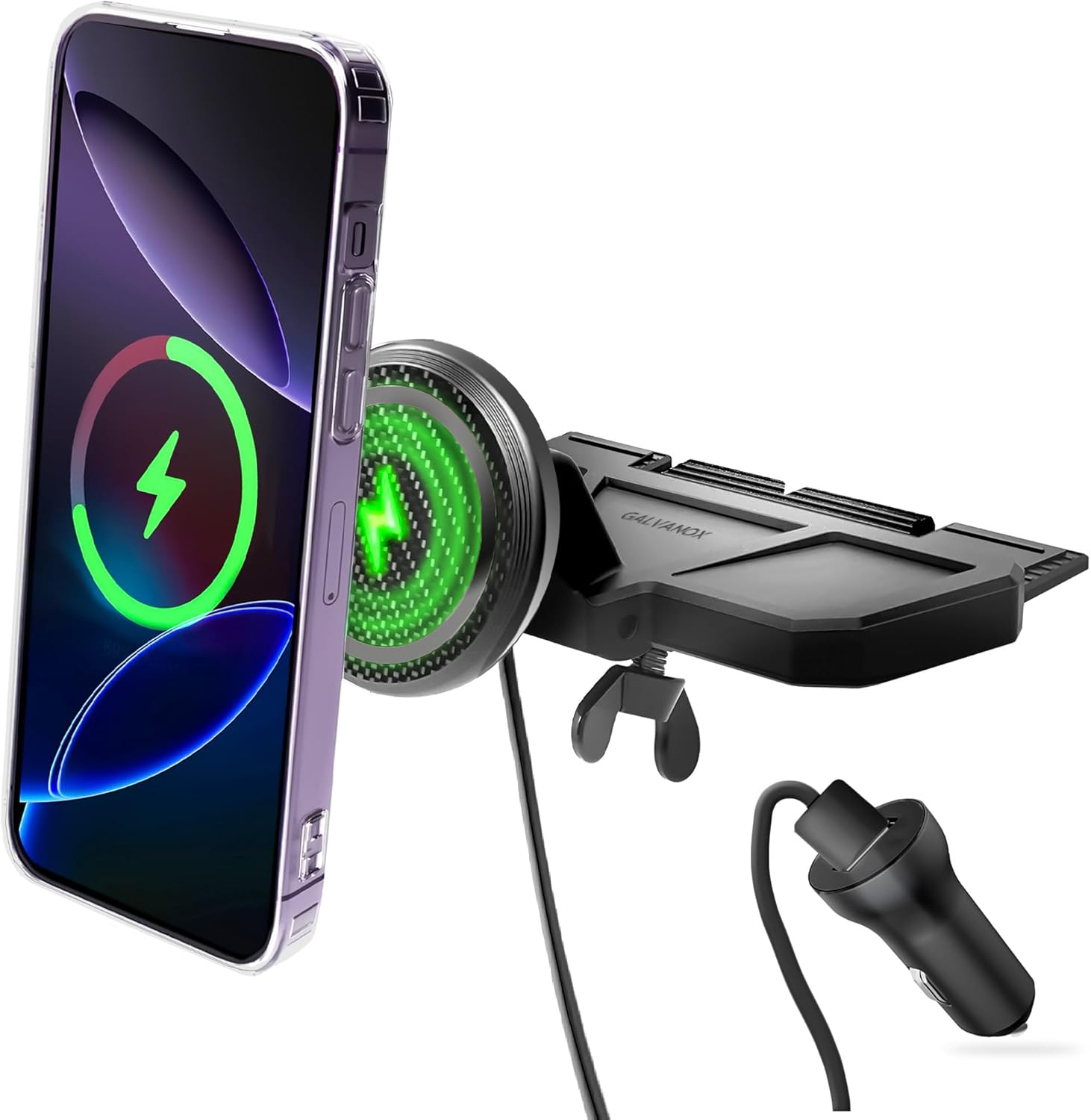 Galvanox Wireless Charging Car CD Slot Phone Holder - Magnetic Mount Charger with Secure CD-Player Attachment - Compatible with MagSafe