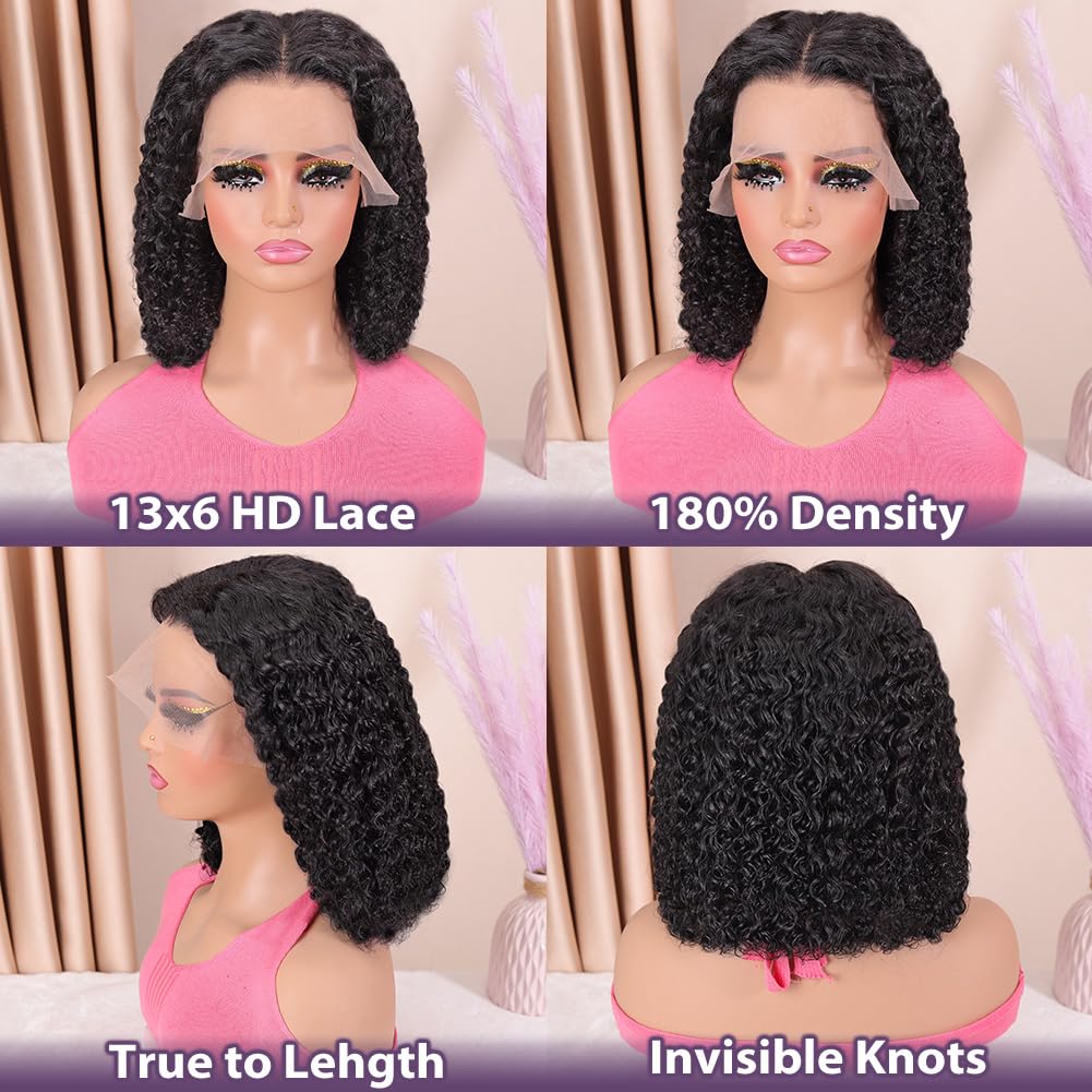 Curly Bob Wig Human Hair 13x6 HD Transparent Lace Kinky Curly Front Wigs Human Hair Pre Plucked Short Bob Wigs for Black Women Glueless Wig 180 Density Natural Black 12 Inch