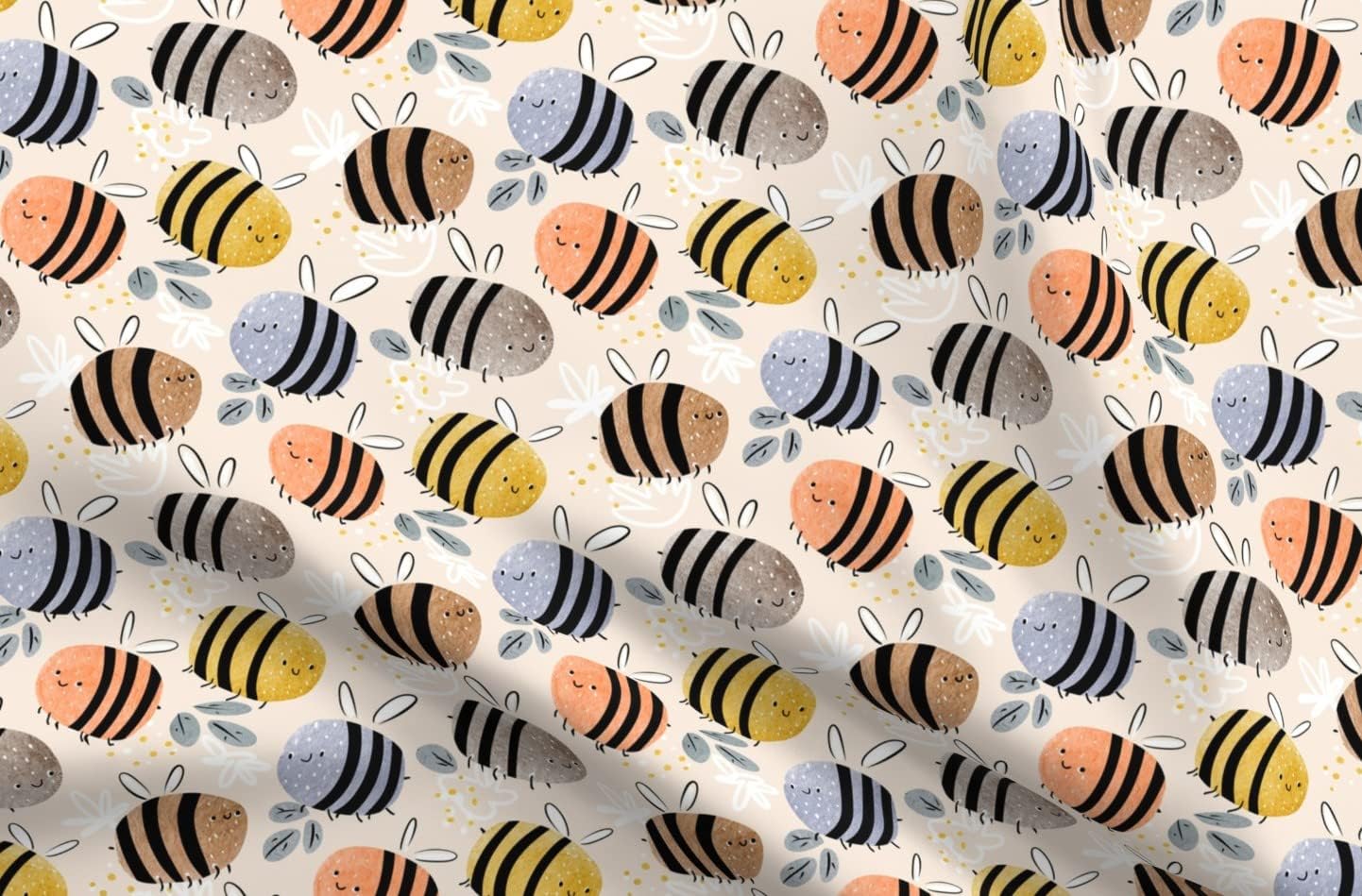 Spoonflower Fabric - Watercolor Bees Pattern Painted Children Nursery Neutral Pastel Bugs Printed on Organic Cotton Sateen Fabric by The Yard - Sewing Quilting Apparel Home Decor