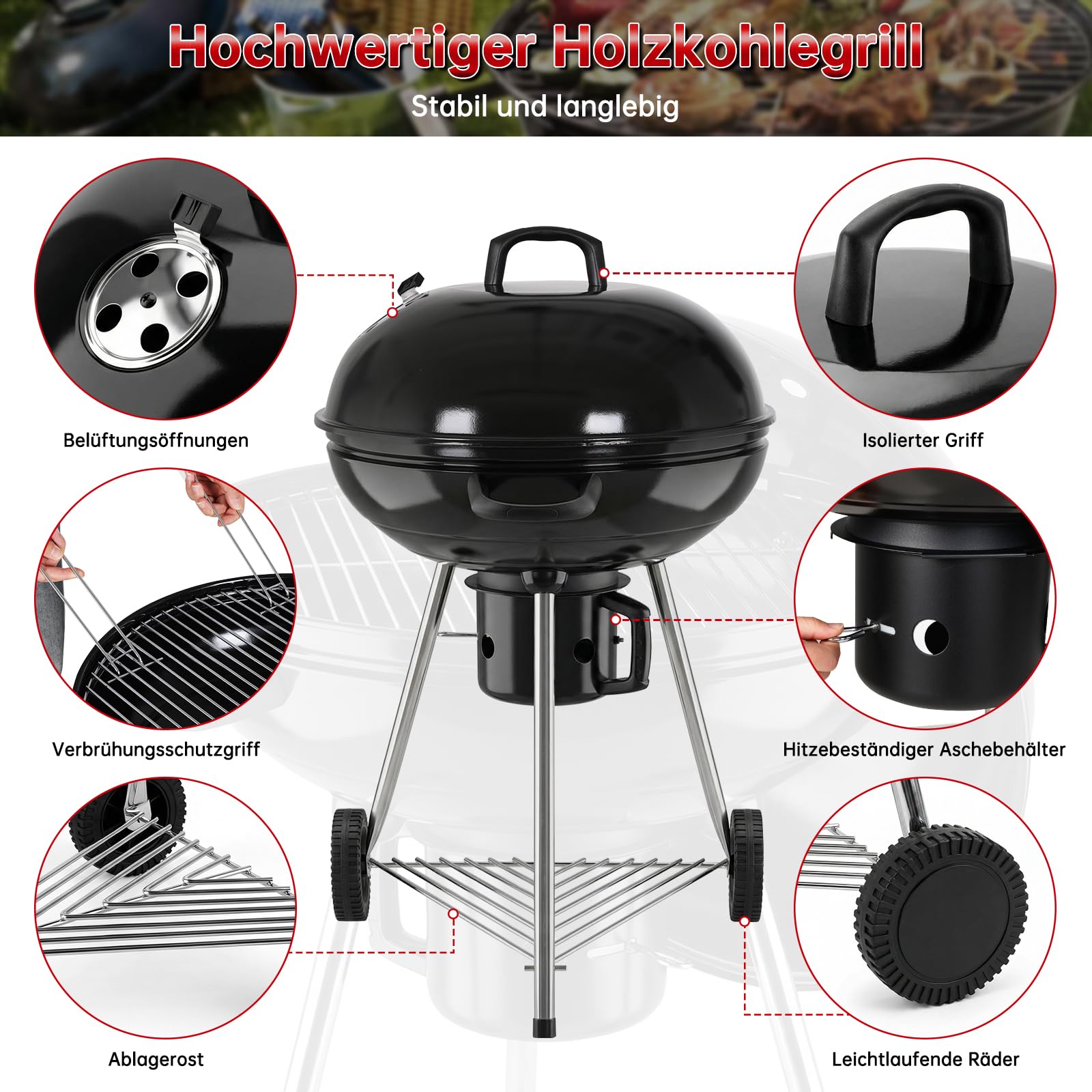 TLSUNNY Kugelgrill Ø 57 cm, Holzkohlegrill/Porzellanemaillierter Deckel und Kessel, 55 cm Grillfläche, H97 cm, Grill Holzkohle für Camping, mit abnehmbaren Aschekasten, Dreibein-Ständer und 2PCS Räder