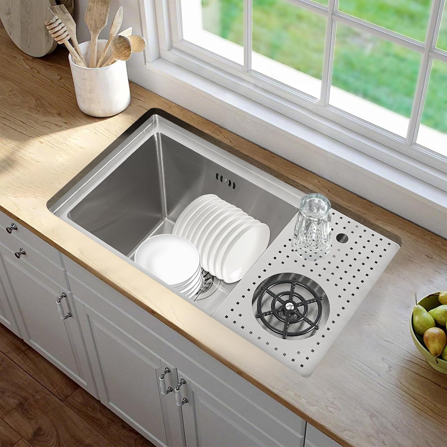 Bar Sink with Glass Rinser, Drop In Stainless Steel Sinks, Silver Kitchen Workstation Sink Undermount, Deep Single Bowl Sink with Cup Washer, Cutting Board