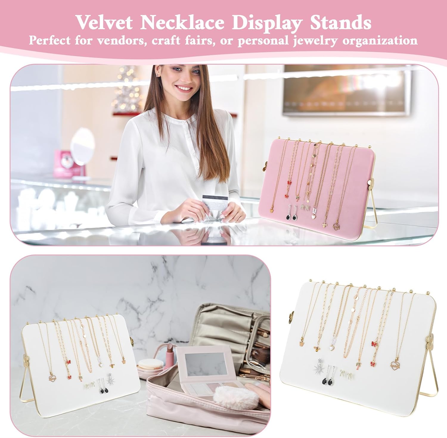 1 Pack Double-Sided Velvet Necklace Display Stand – Pink & White Jewelry Organizer Holder for Vendors, Craft Shows, Exhibitions (14 x 10 Inches, Metal Frame)