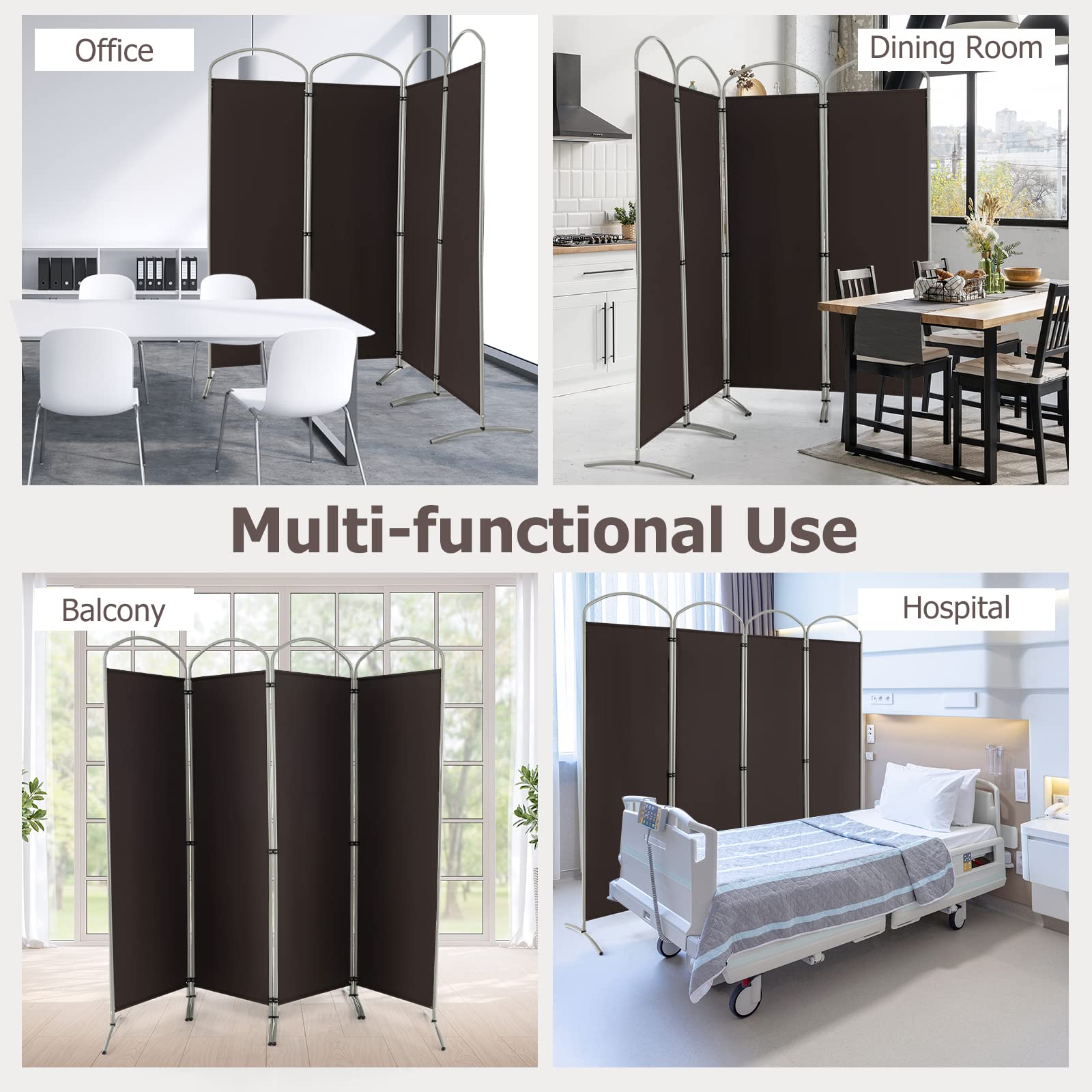 GOPLUS Paravent Pliable à 4 Panneaux, Brise Vue Intérieure et Extérieure avec Support en Métal,Paravent de Chambre Retractable 221 x 188 CM, pour Salon, Chambre, Bureau (Marron)