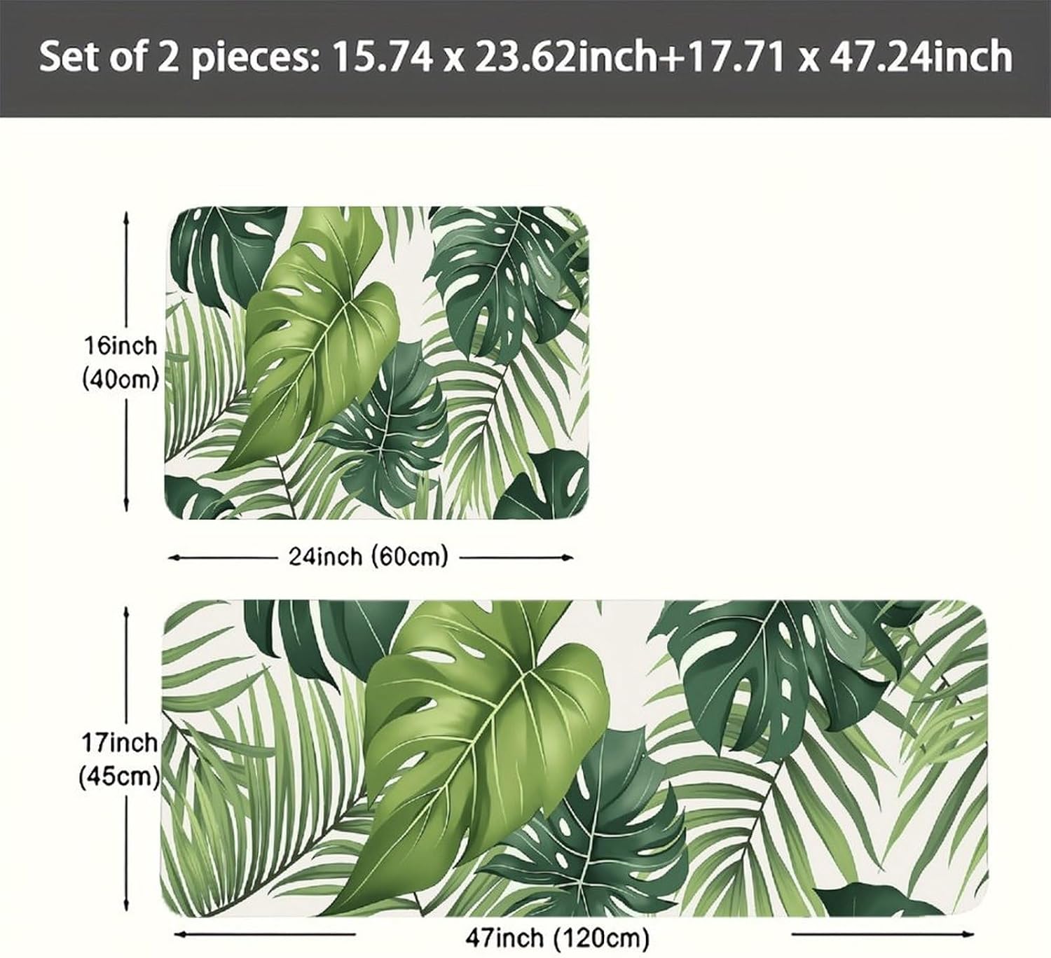 Tropical Monstera Leaf Kitchen Mats for Floor 2 Pieces Set, Anti Fatigue Cushioned Standing Floor Mats Non Slip Washable for Sink Laundry Floor 24'' X 16''+47'' X 17''