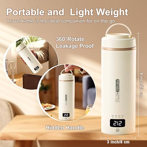 Miniatura 12 de Tetera de viaje, pequeña tetera eléctrica, portátil, con 4 ajustes de temperatura, enchufe en acero inoxidable 304, con apagado automático (negro)