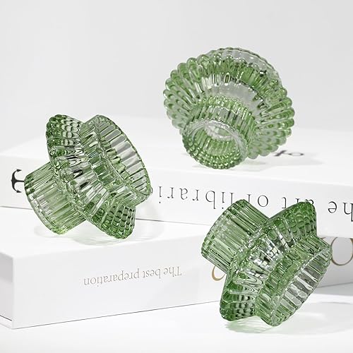 Miniatura 4 de Juego de 3 portavelas reversibles, forma cónica de cristal verde y candelita para centro de mesa, boda, fiesta, decoración del hogar